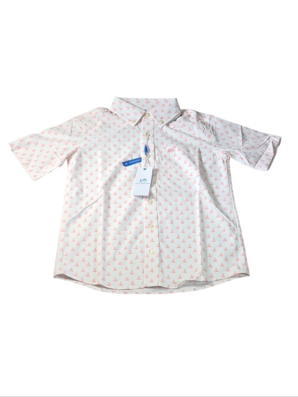 Southern Tide White Sailboat Print Floating Along Button Up Shirt Boys Medium